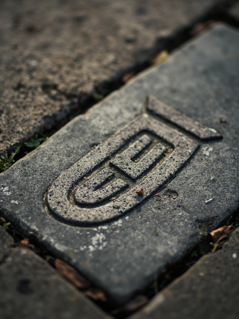 Carved alchemist's marker stone partially hidden beneath paving