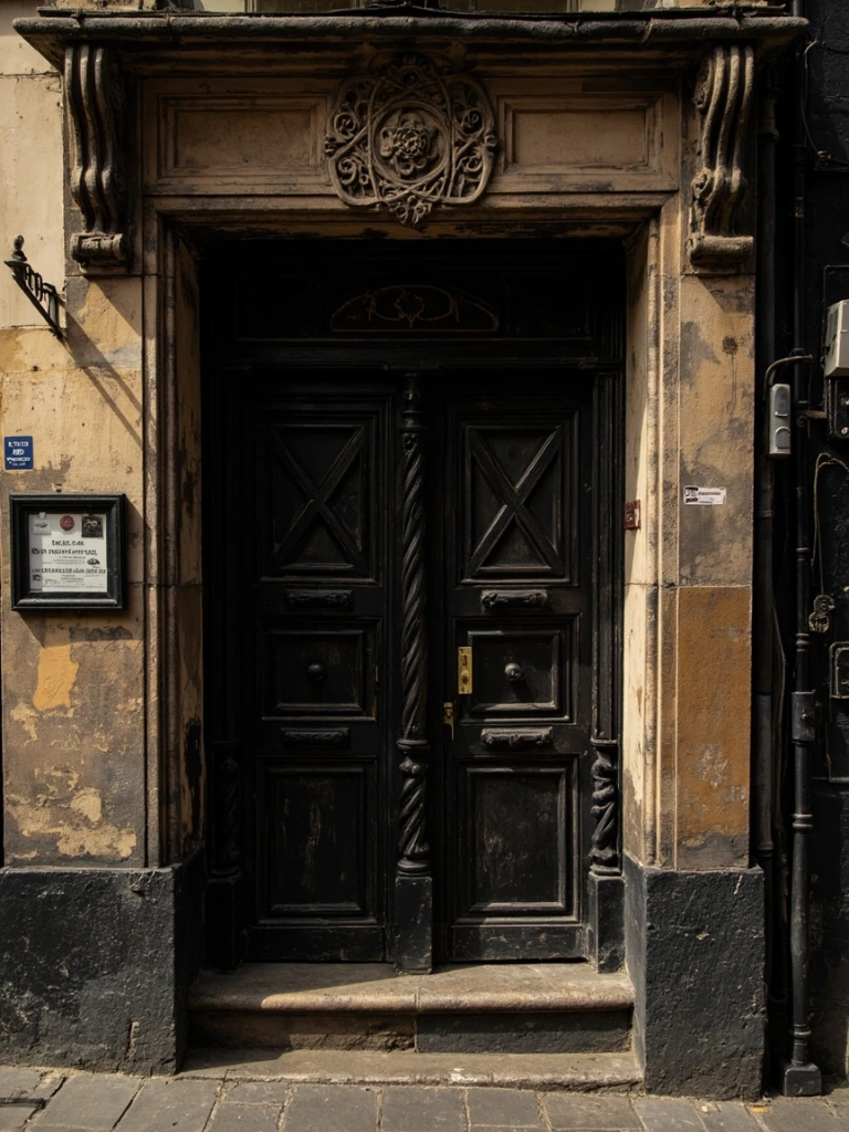 Discreet 18th-century tavern doorway with esoteric emblem over the lintel